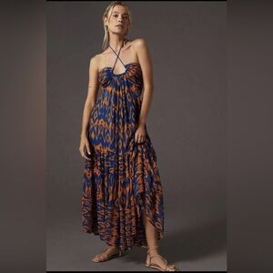 Anthropologie Verb Side Cutout Blue and Orange Halter Midi Summer Dress LARGE